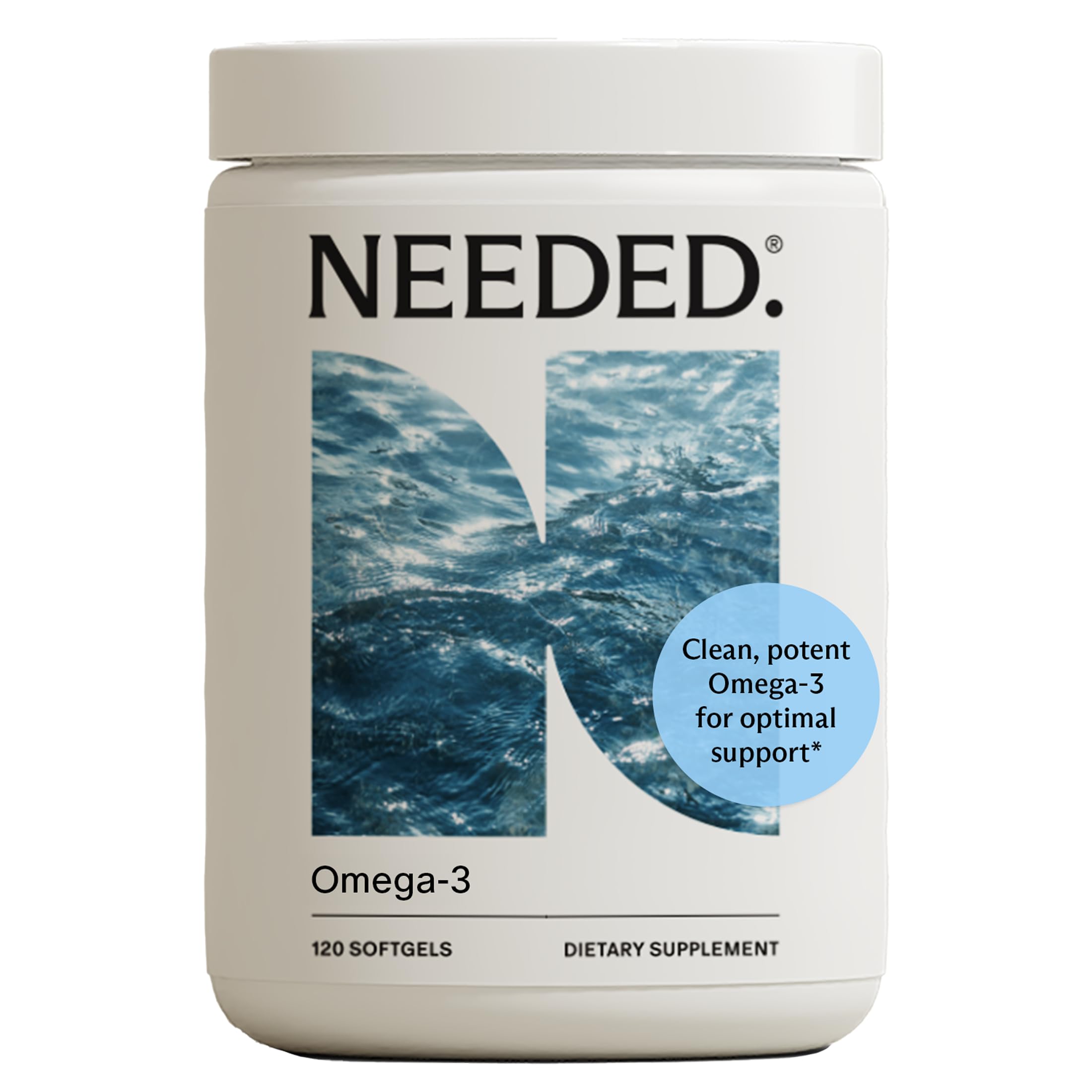 Needed Prenatal Omega-3: vista de la botella, fuente de DHA y EPA para la rutina diaria.