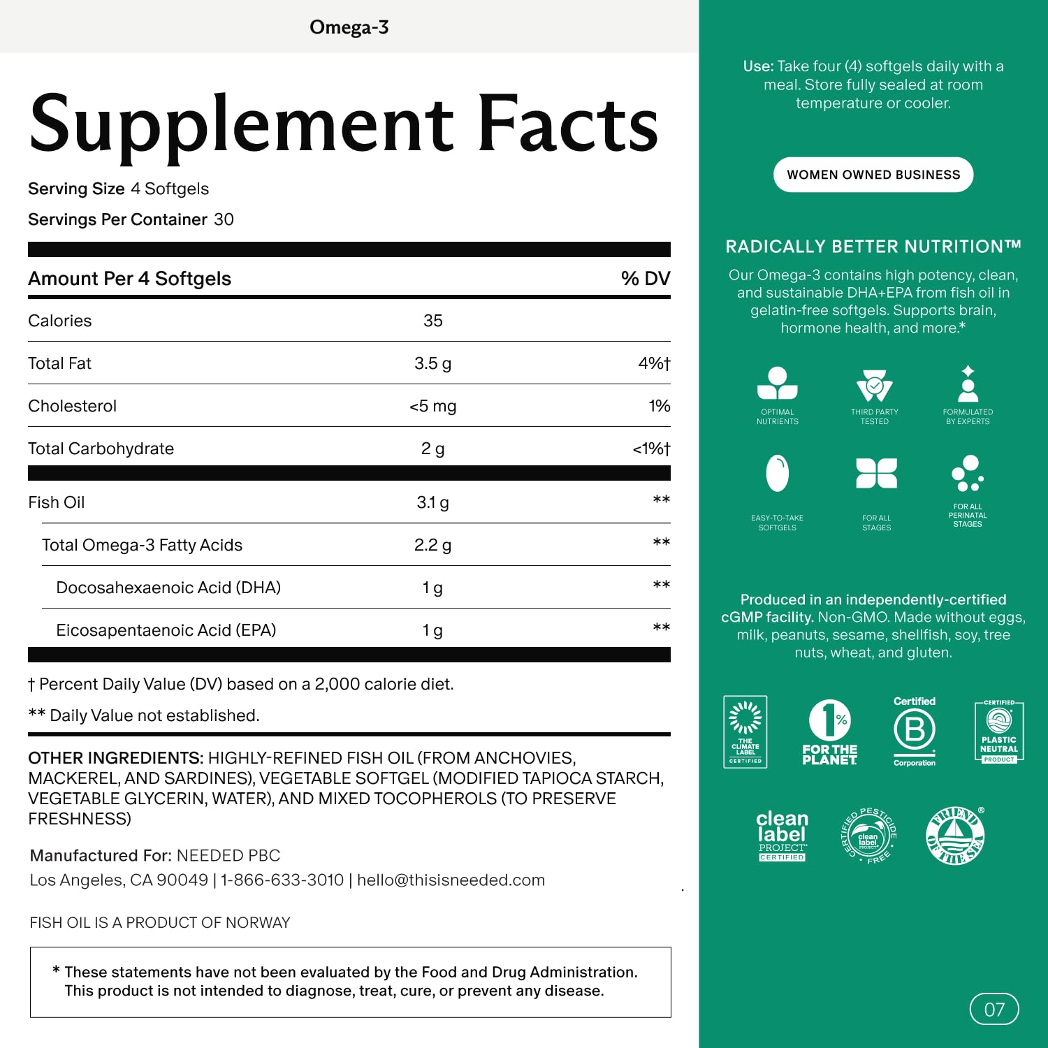 Needed Prenatal Omega-3: cápsulas vegetales, fáciles de tragar y sin gelatina.