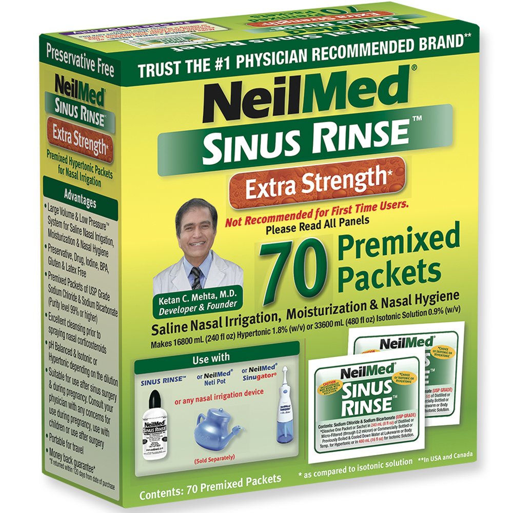 NeilMed enjuague sinusal frente de la caja, listo para uso diario.