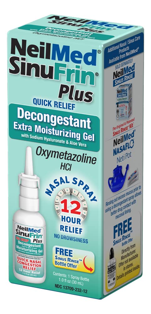 NeilMed SinuFrin Plus, etiqueta con hialuronato de sodio y aloe vera para hidratación.