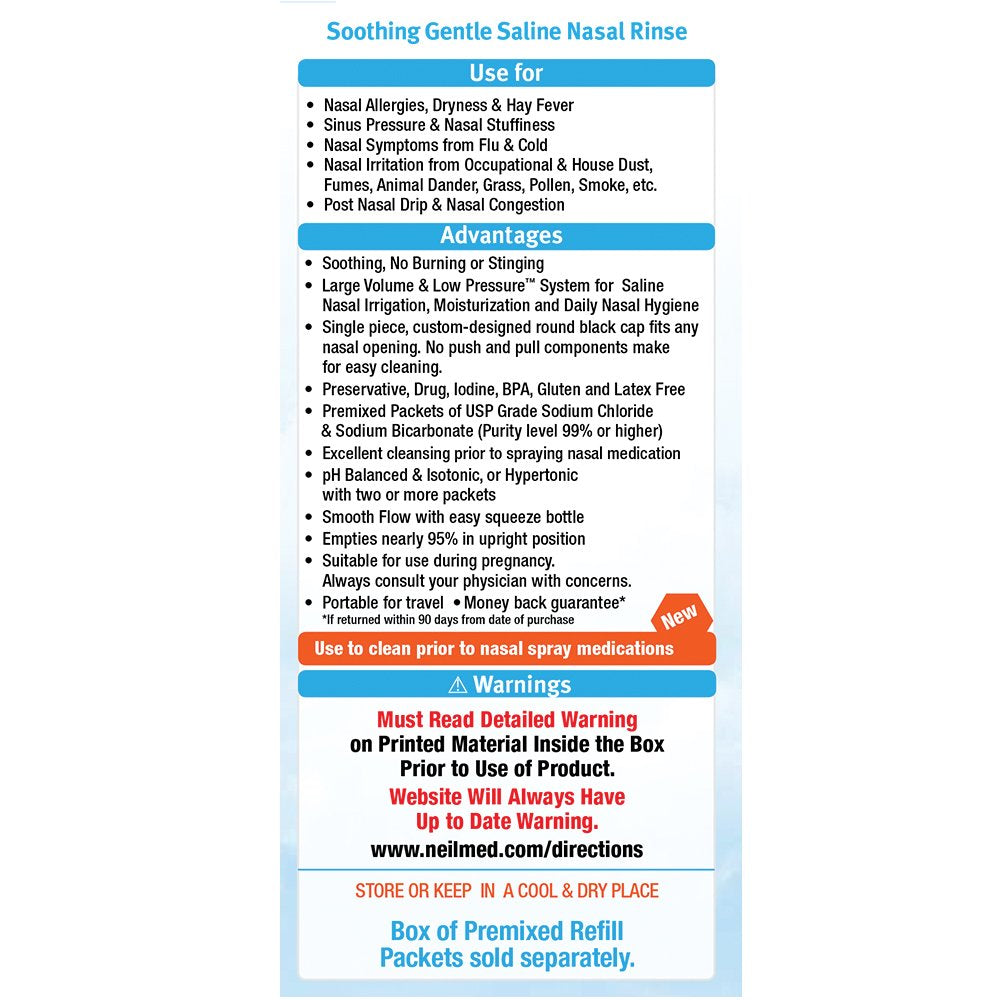 NeilMed Sinus Rinse, libre de BPA y gluten para seguridad diaria.