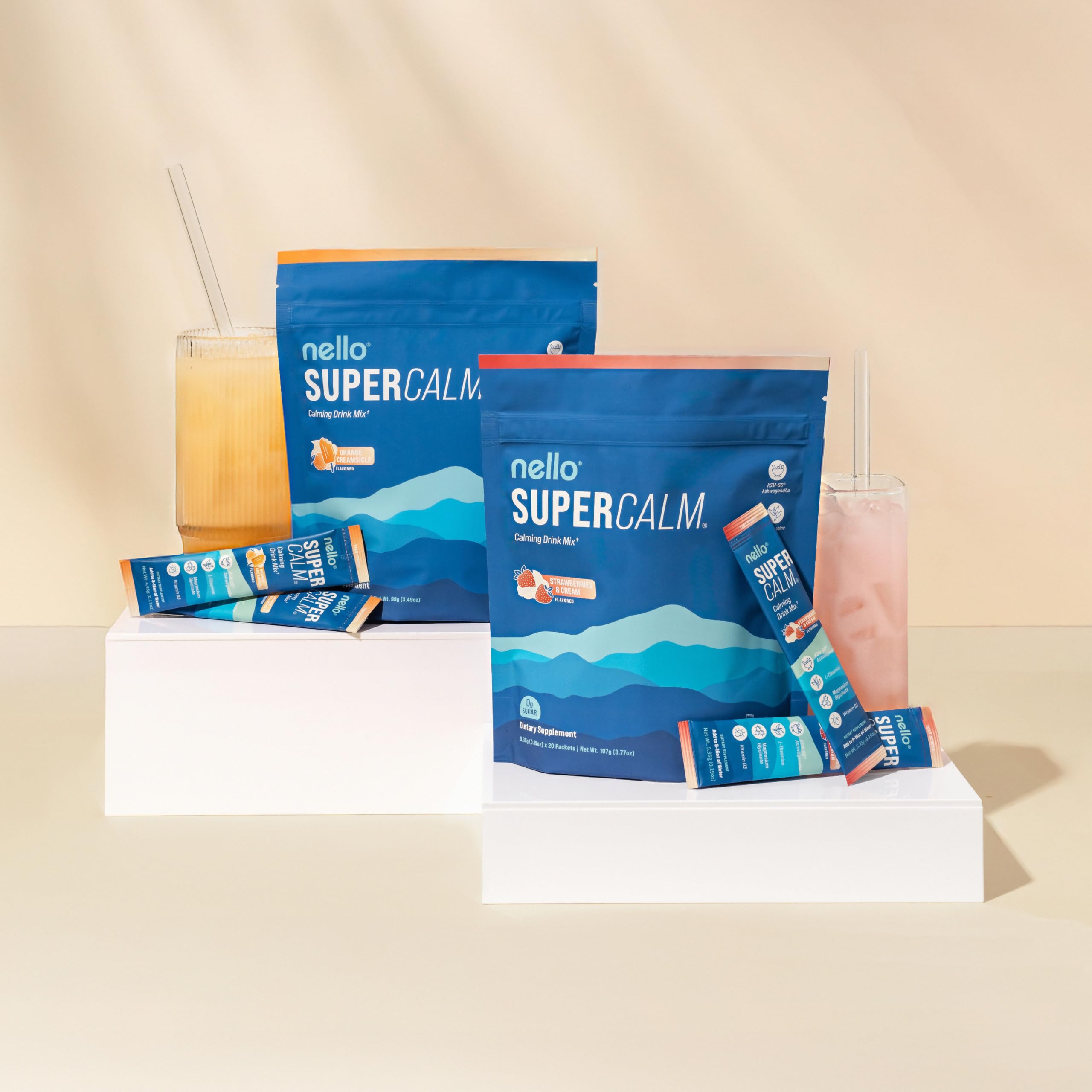 Nello Supercalm: ingredientes clave como Ashwagandha y L-Theanine.