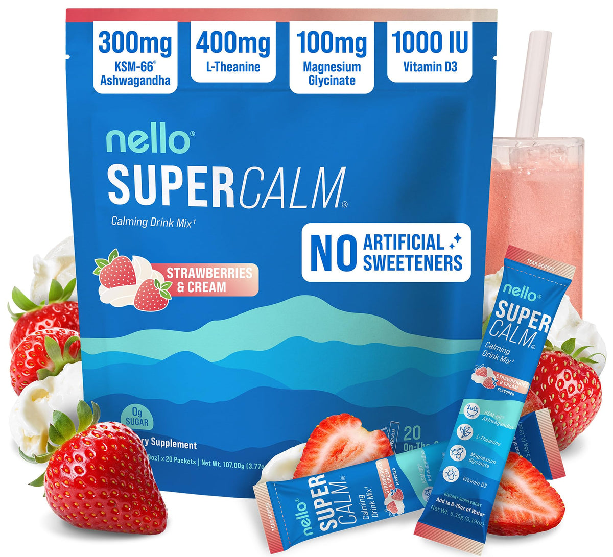 Nello Supercalm: mezcla en polvo sabor fresa y crema para relajación y enfoque.