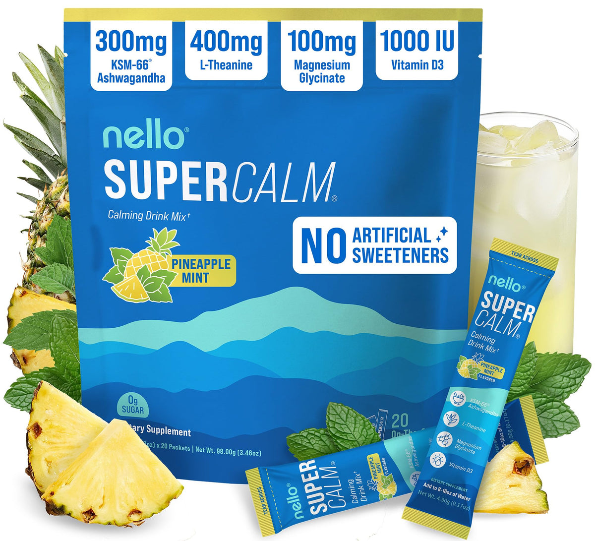 Nello Supercalm en paquetes piña menta para relajación rápida en movimiento.