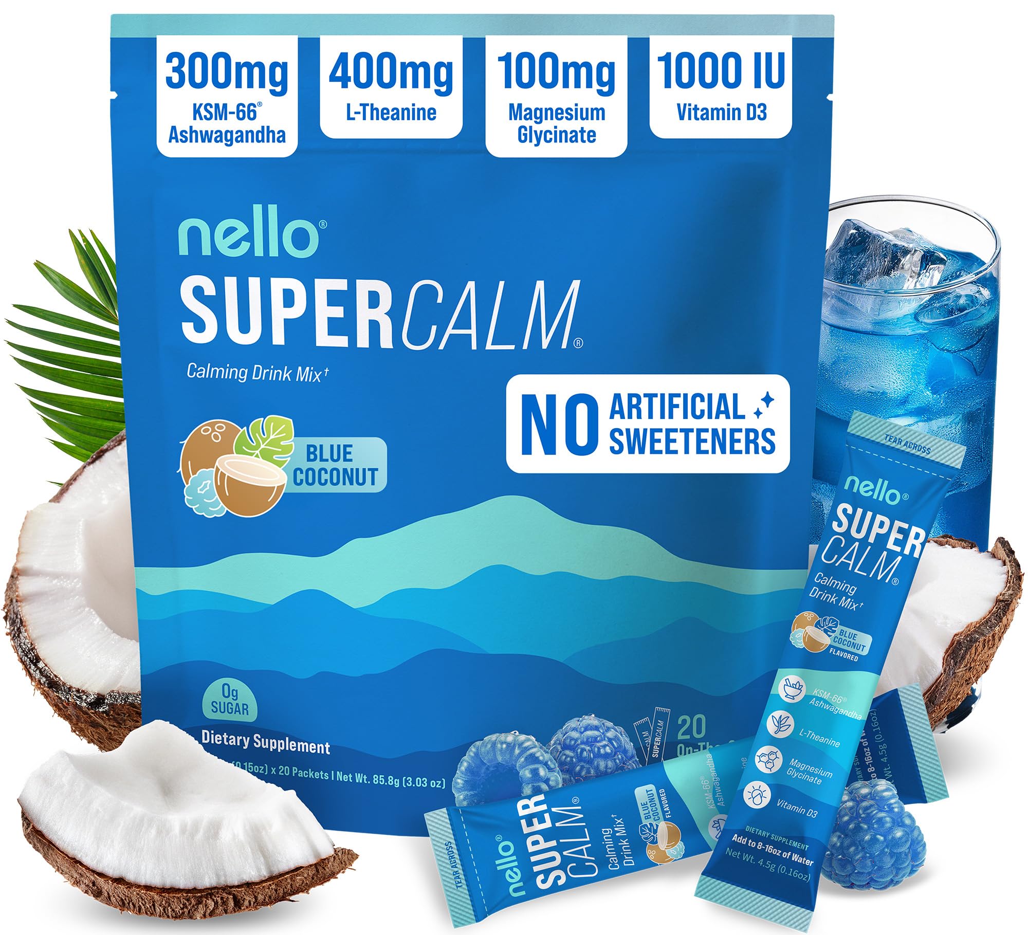 Nello SuperCalm paquetes viaje azul coco para relajación rápida en cualquier lugar.