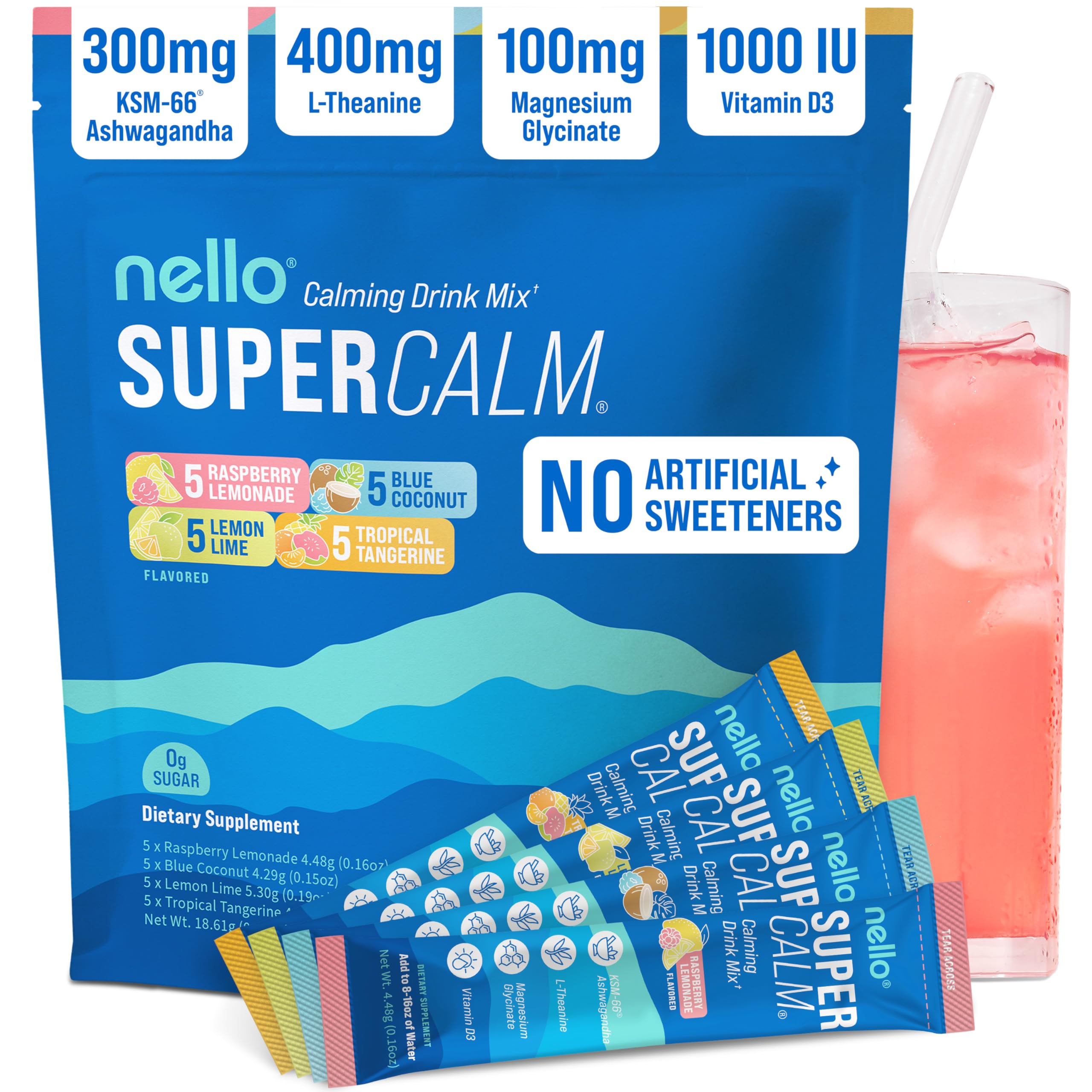 Nello SuperCalm, sachets para llevar, lista para relajación rápida durante el día.
