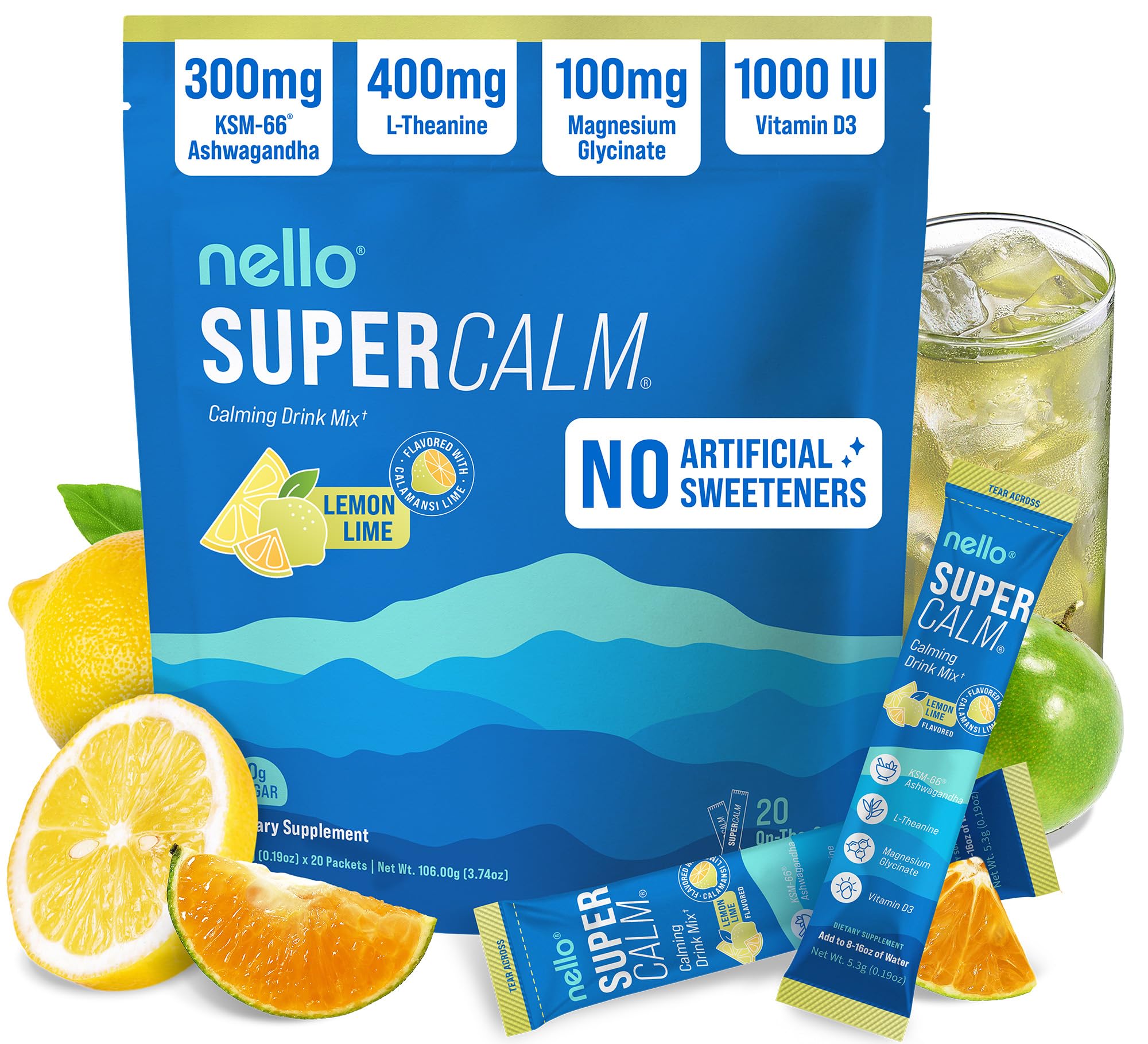 Nello SuperCalm sobres limón-lima: relajación y enfoque al instante.