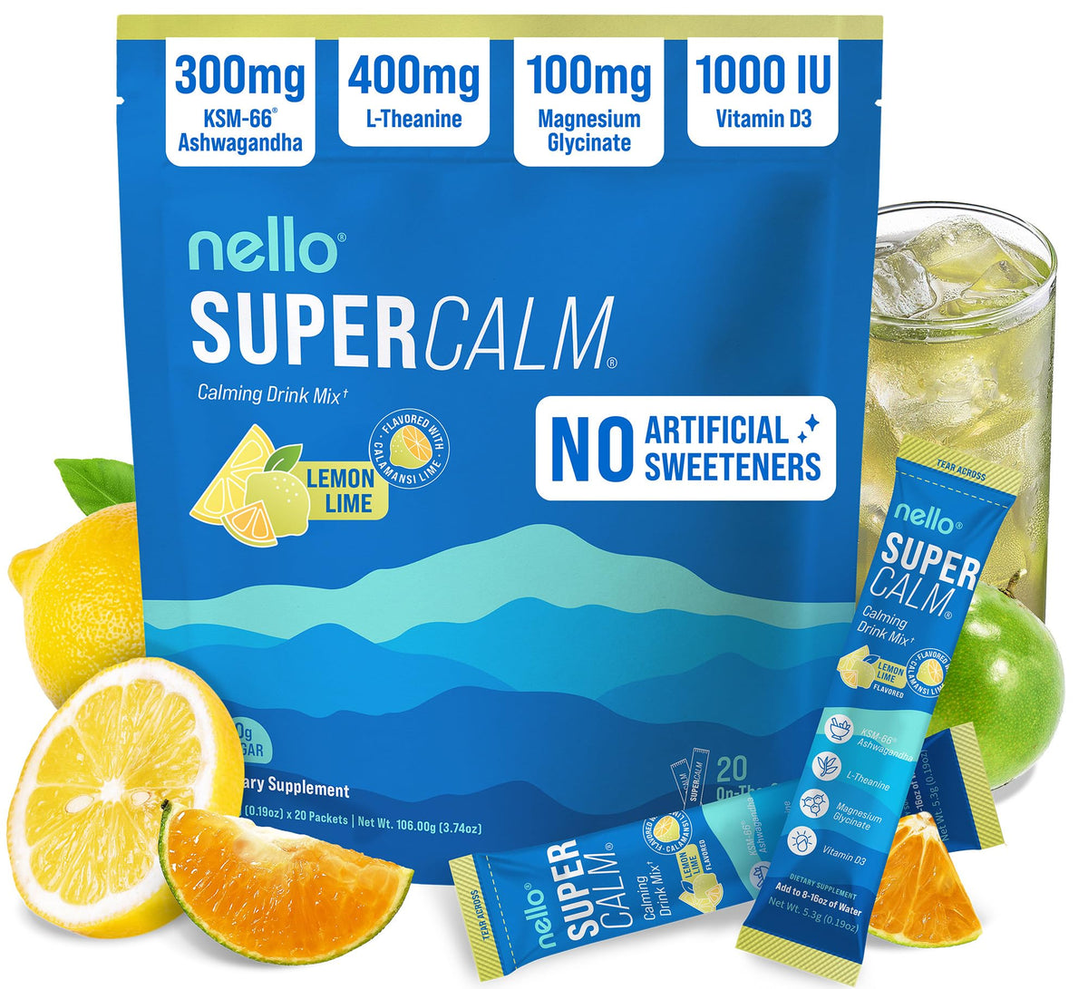 Nello SuperCalm sobres limón-lima: relajación y enfoque al instante.