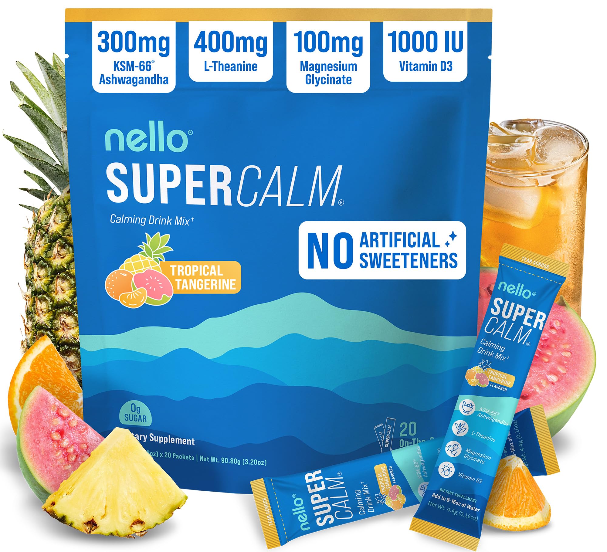 Nello SuperCalm sobres Tropical Tangerine para tomar en cualquier momento y apoyar la relajación.