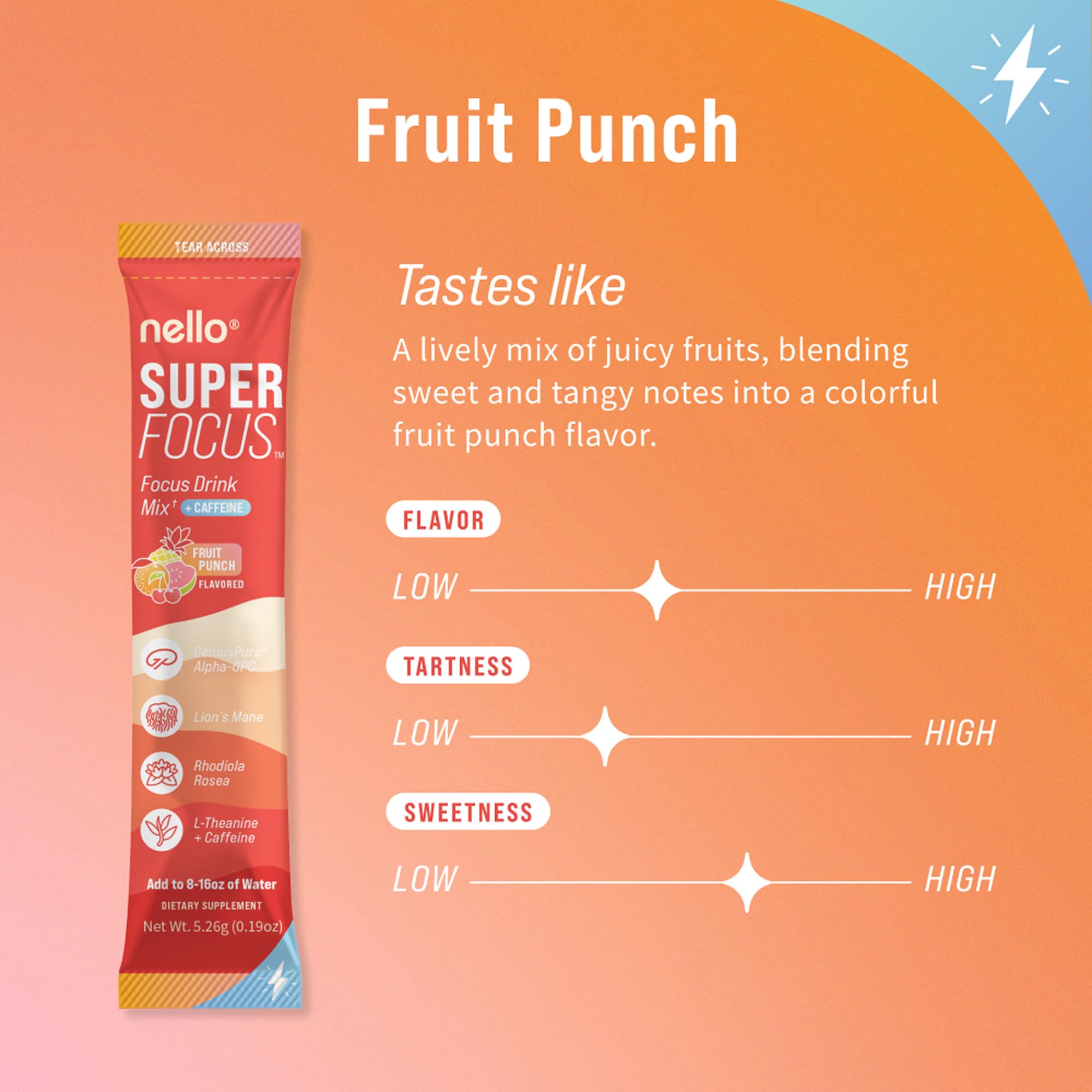 Nello Superfocus mezcla en agua con sabor Fruta para energía sostenida