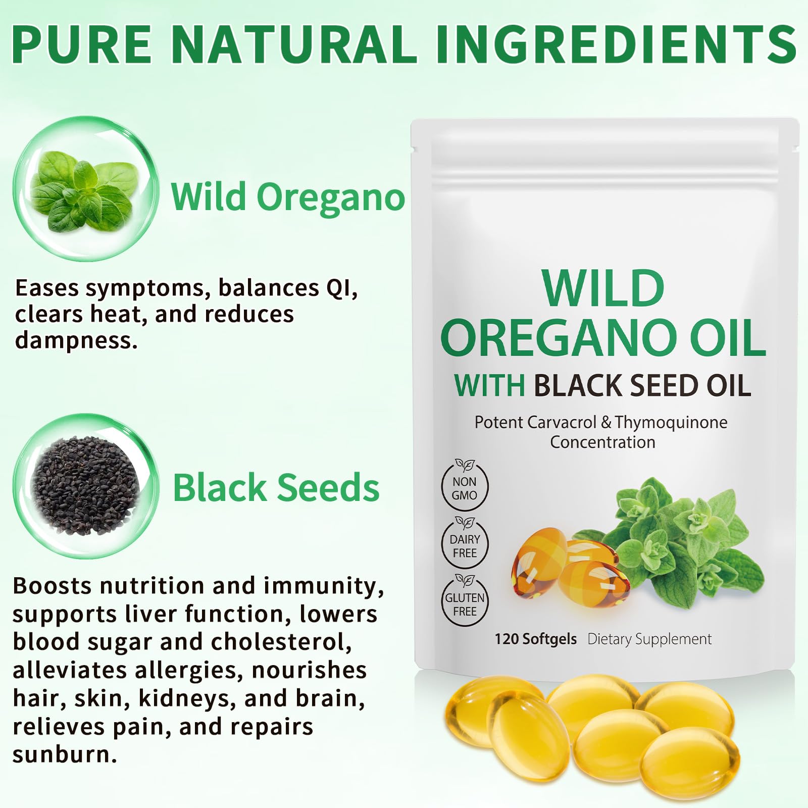 NenMaoKeNu Aceite de oregano con semilla negra: cápsulas para bienestar diario.