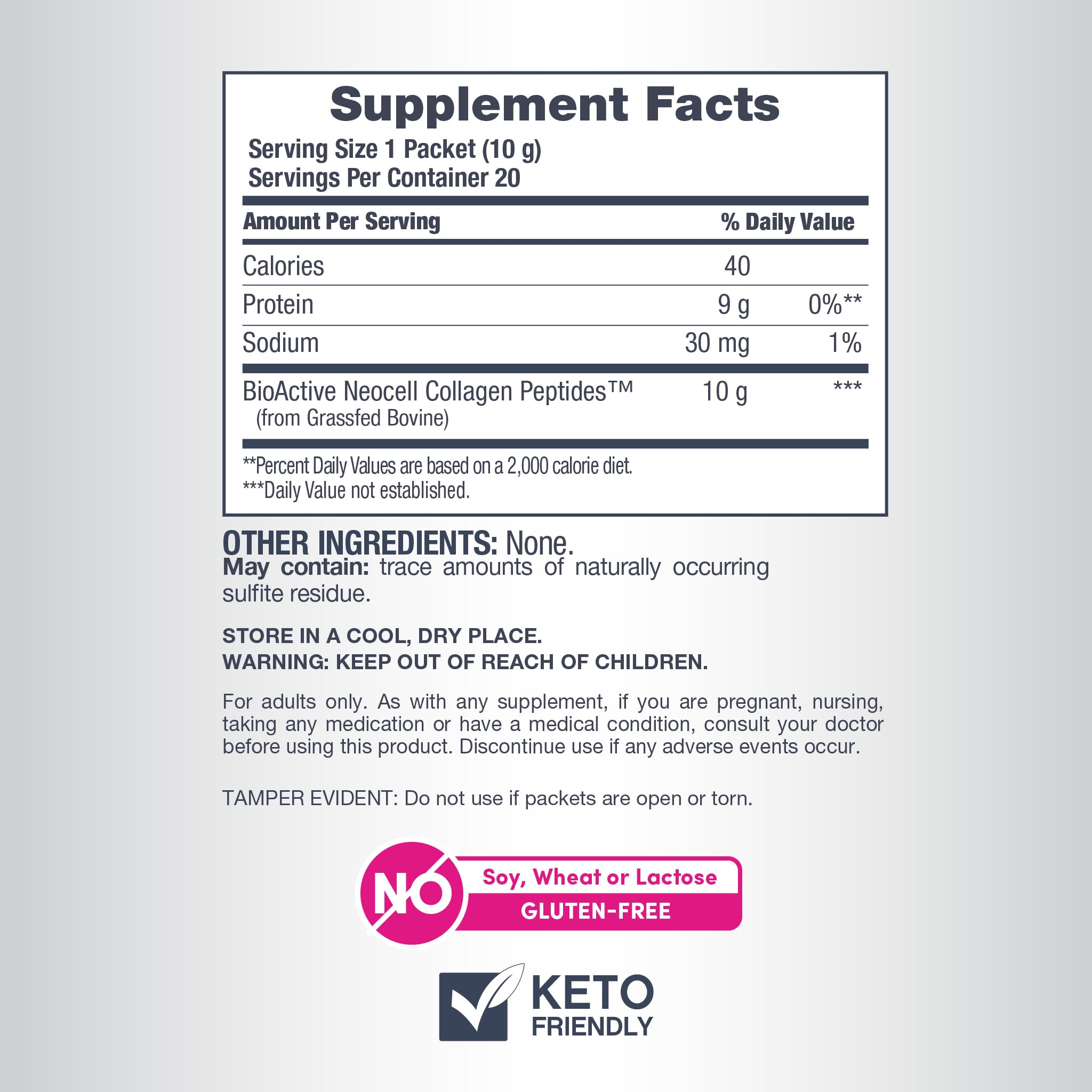 NeoCell Collagen Peptides: porción de 10 g en cada sobre para belleza diaria.