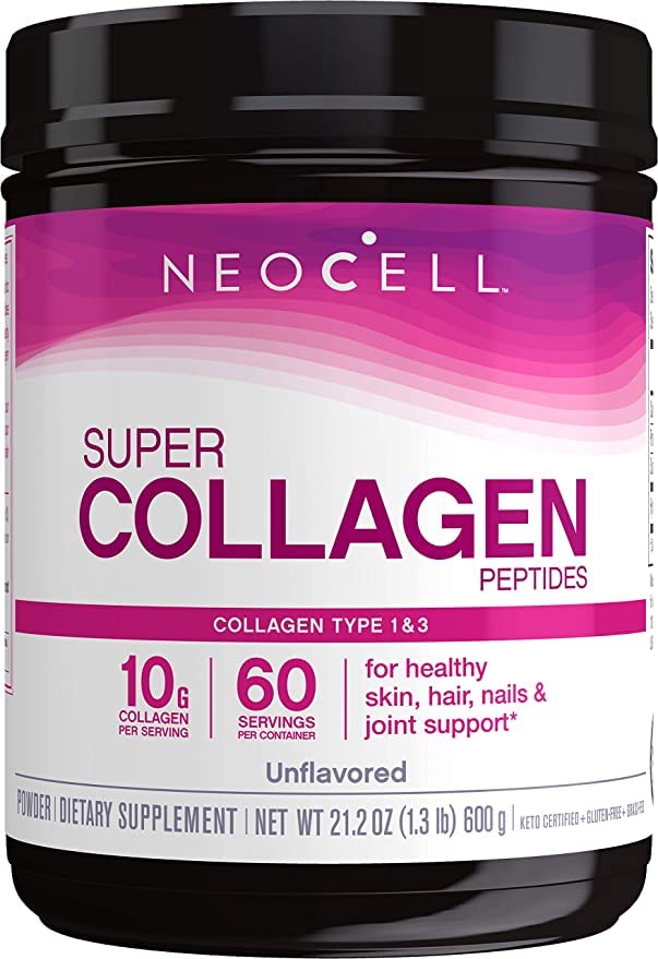 NeoCell polvo de colágeno alimentado con pasto para cabello, piel y uñas, uso diario.