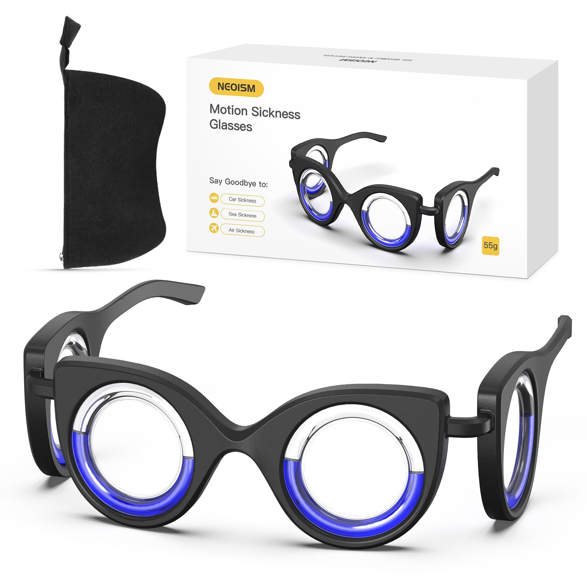 NEOISM gafas anti mareo con diseño sin lentes para mayor estabilidad visual.