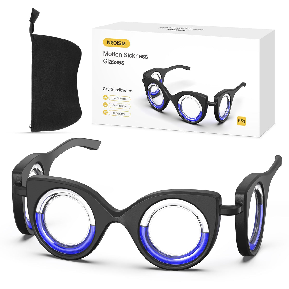 NEOISM gafas anti mareo con diseño sin lentes para mayor estabilidad visual.