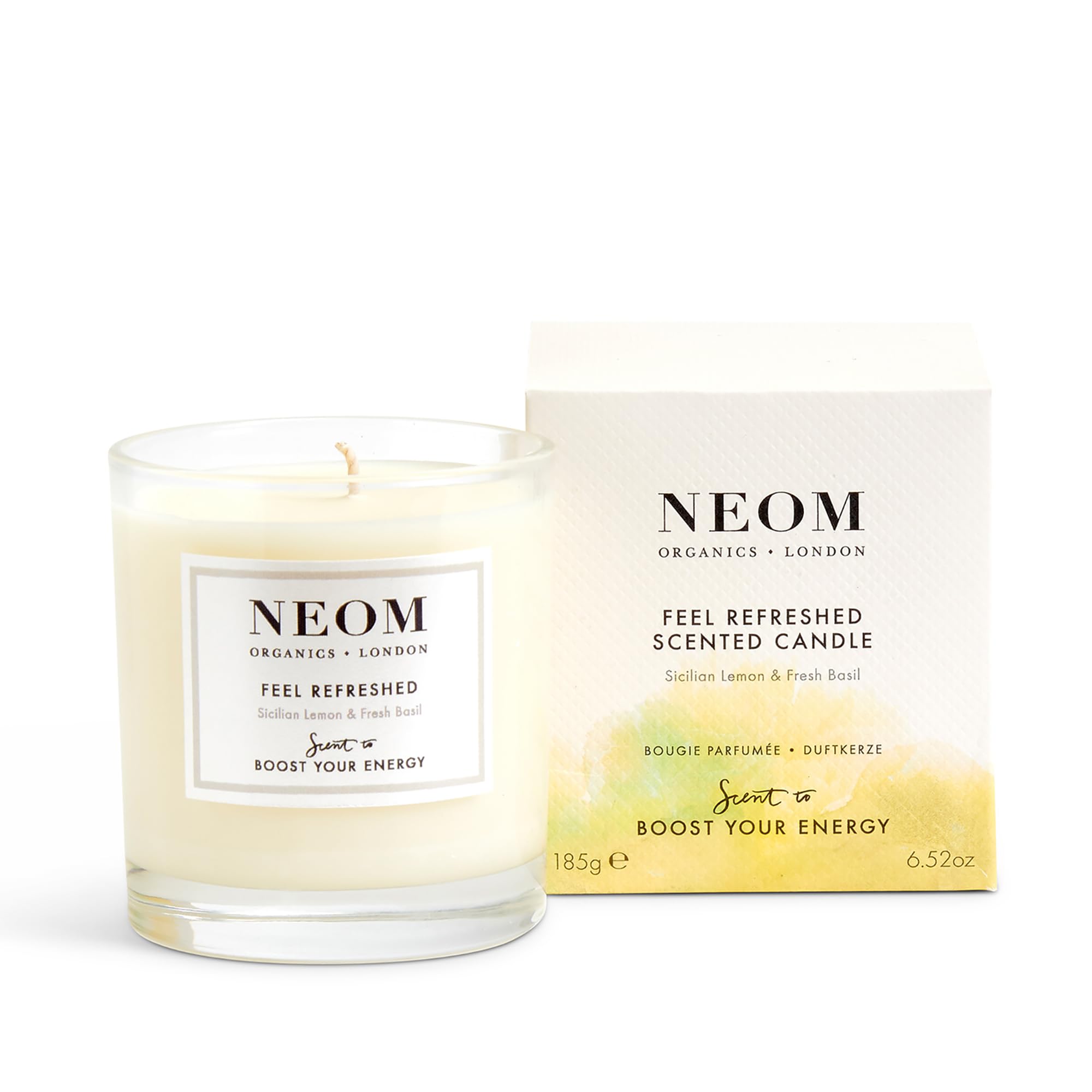 NEOM Feel Refreshed: vela de 1 mecha con limón y albahaca para energizar el ambiente.