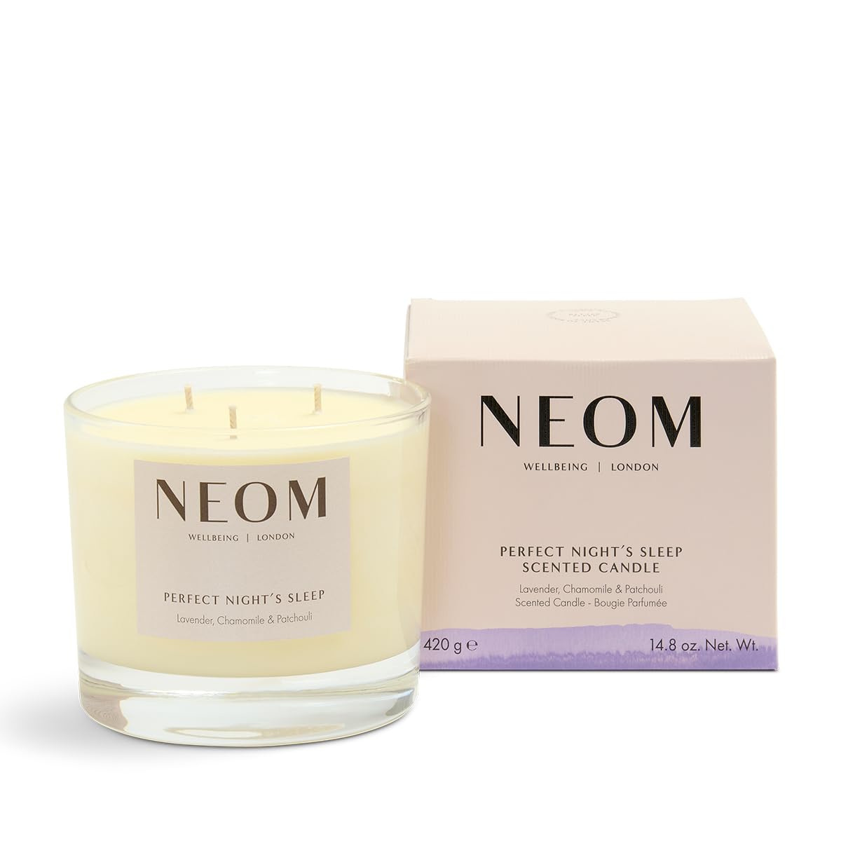 NEOM lavanda manzanilla patchouli candela tres-mechas para relajación en casa