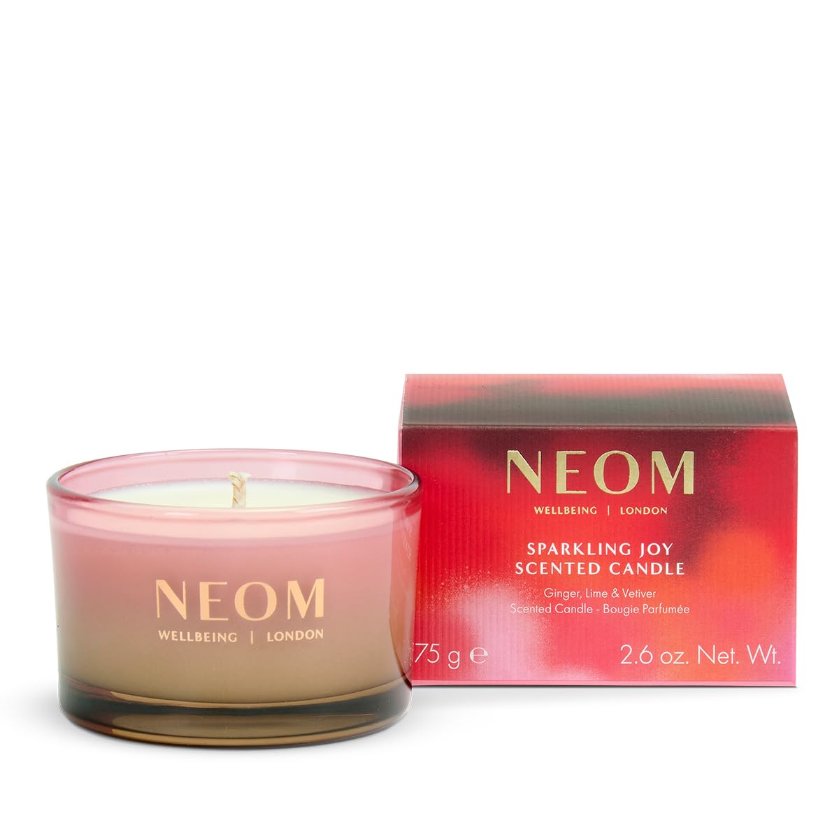 NEOM Sparkling Joy vela de viaje 75 g en embalaje, ideal para regalo