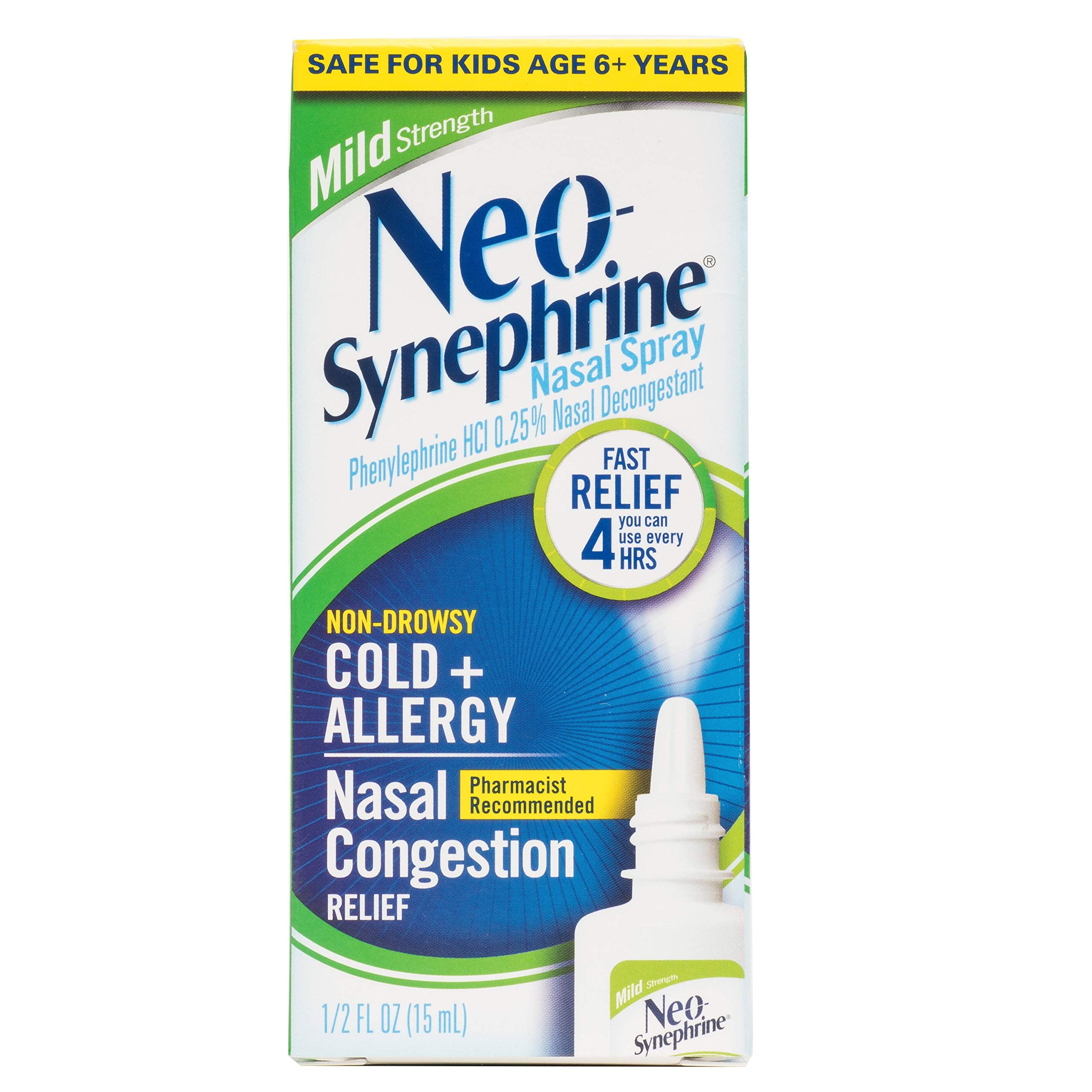 NEO-SYNEPHRINE aerosol nasal, botella frontal, alivio de congestión nasal.