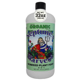 Neptune's Harvest, botella vertiendo liquido de algas para crecimiento saludable de plantas
