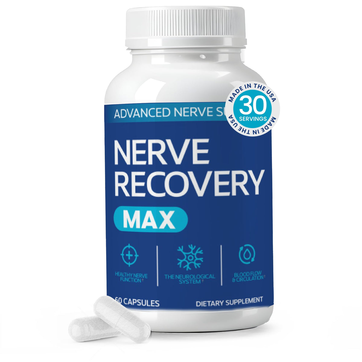Nerve Recovery Max: botella frontal, apoyo nervioso diario.
