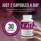 NERVE RENEW R-ALA 600mg: información nutricional y advertencias en la parte trasera.
