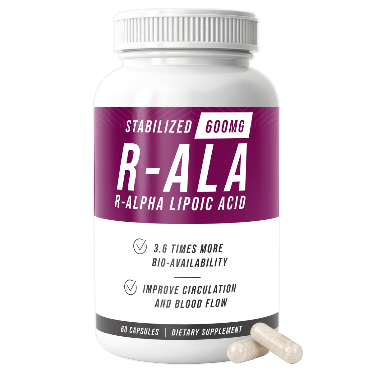 NERVE RENEW R-ALA 600mg: vista frontal de la botella para soporte nervioso diario.