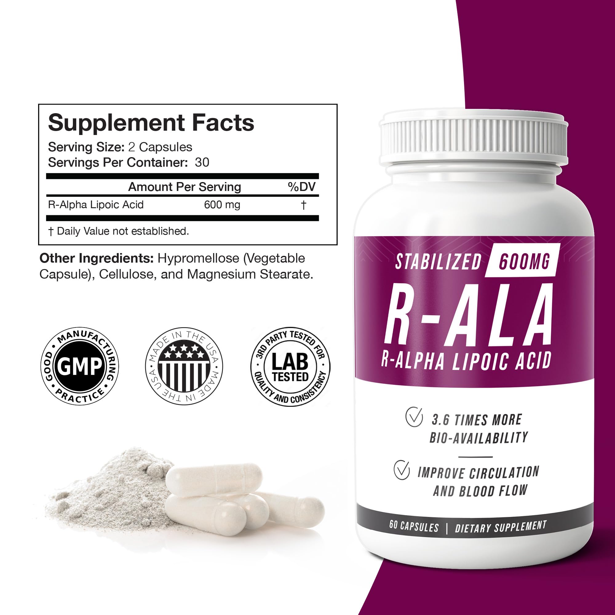 NERVE RENEW R-ALA 600mg: tapa de la botella destacando dosis y calidad.