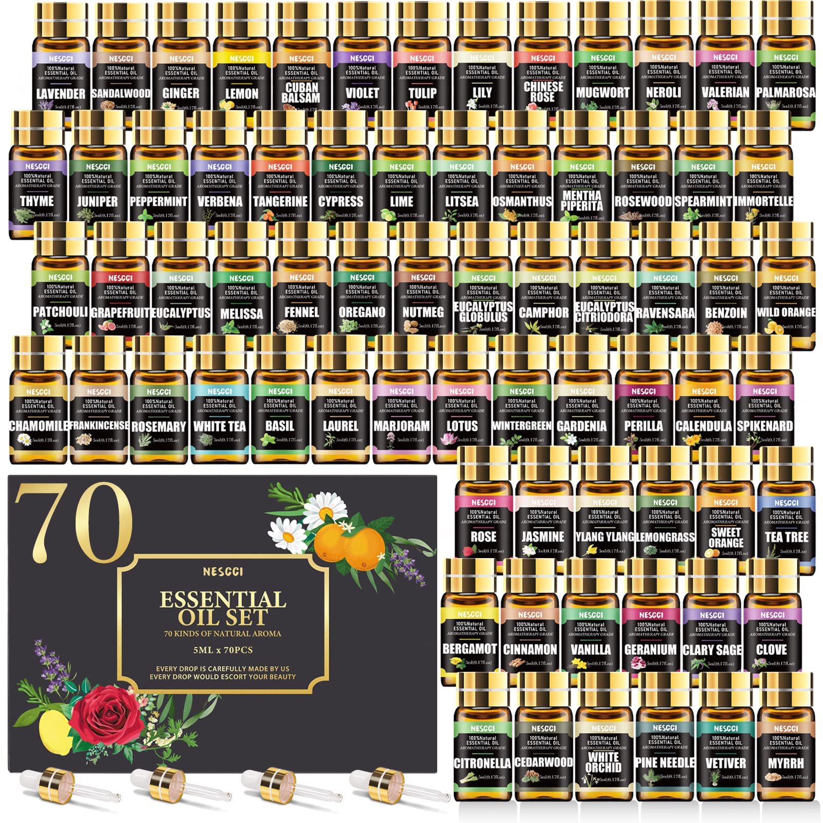 Conjunto NESCCI de 70 aceites esenciales para difusor y ambientación.