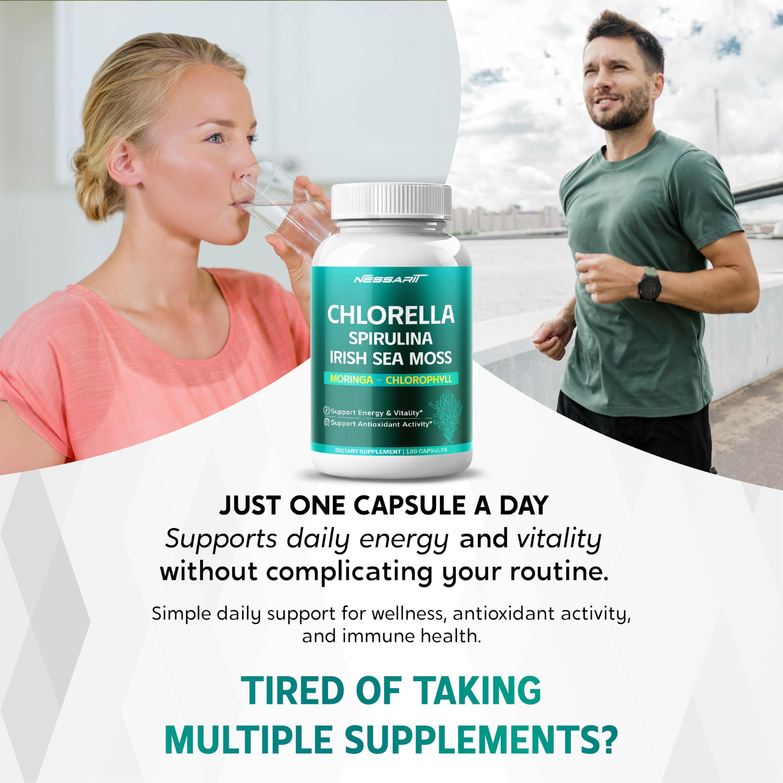 NESSARIT: mezcla de clorela y espirulina para energía sostenida.