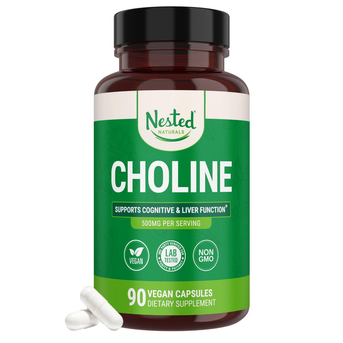 Nested Naturals Colina Bitartrato 500 mg en botella para claridad mental.