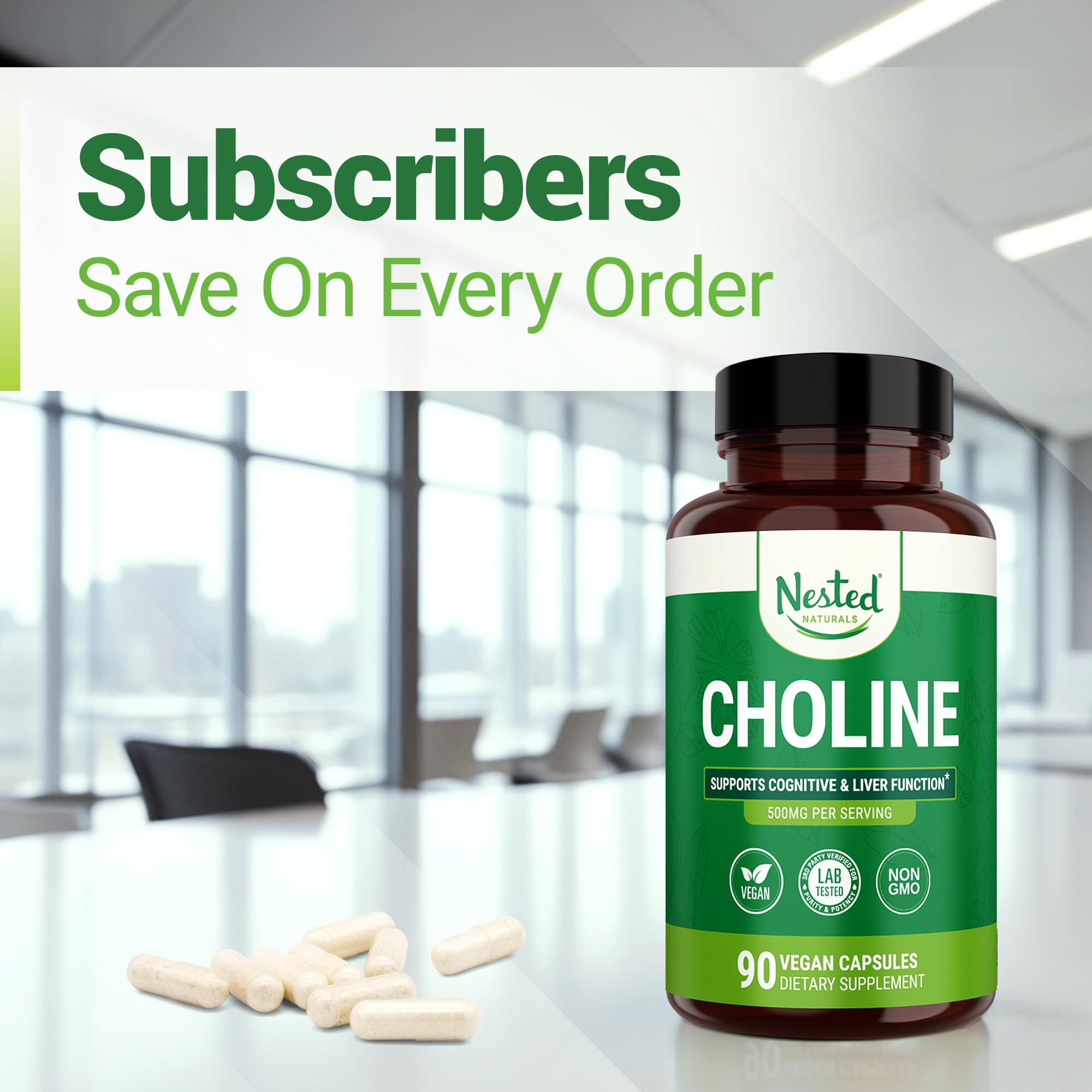 Empaque de Nested Naturals Choline Bitartrate 500 mg en caja elegante.