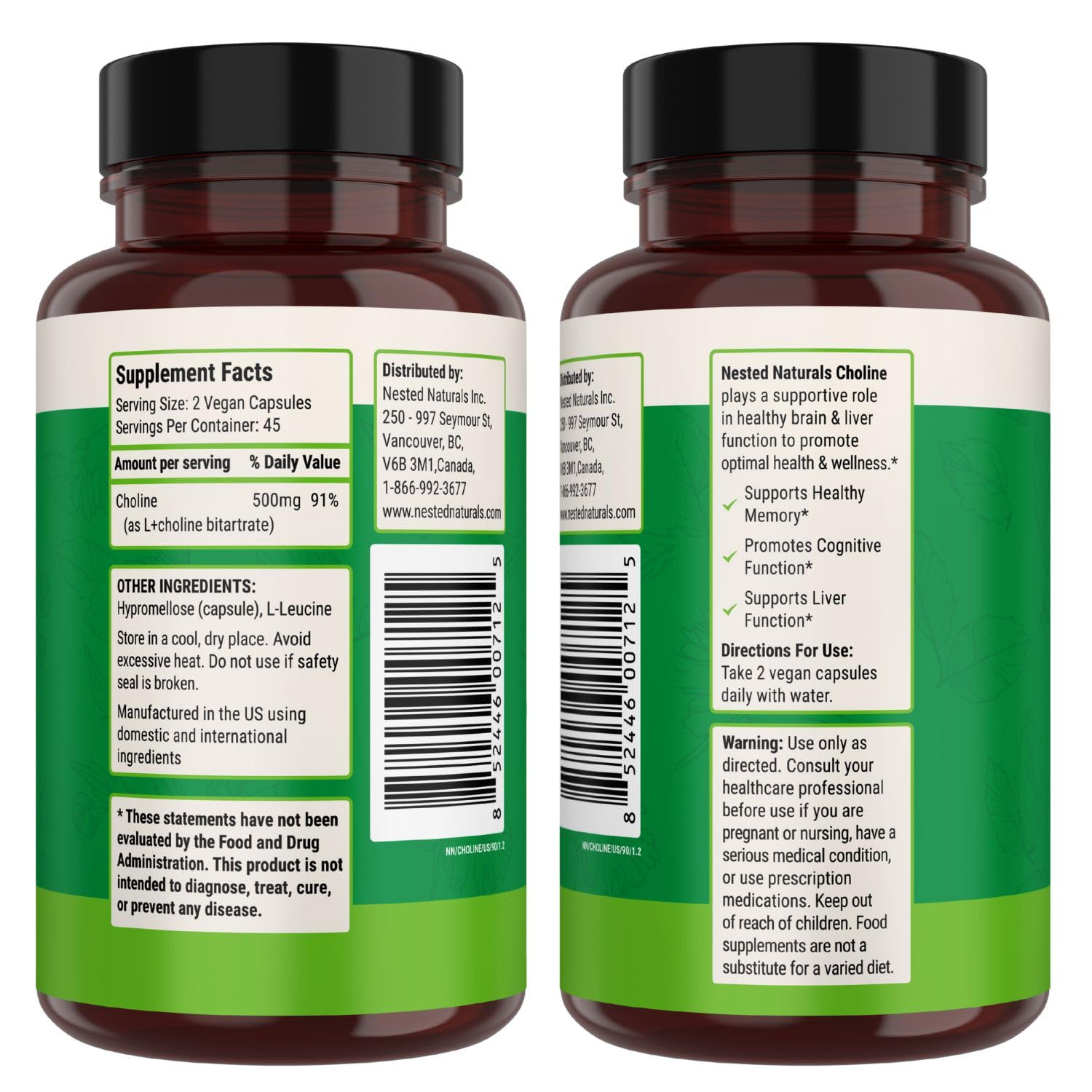 Empaque plástico de Nested Naturals Choline Bitartrate 500 mg para uso diario.