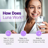 Nested Naturals Luna cápsulas: consumo nocturno suave para conciliar el sueño.