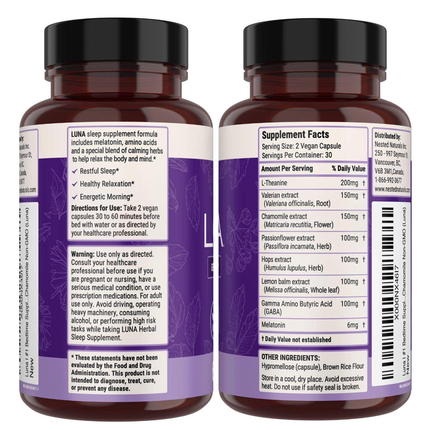Nested Naturals Luna mesa de noche: suplemento vegano para un descanso más sereno.