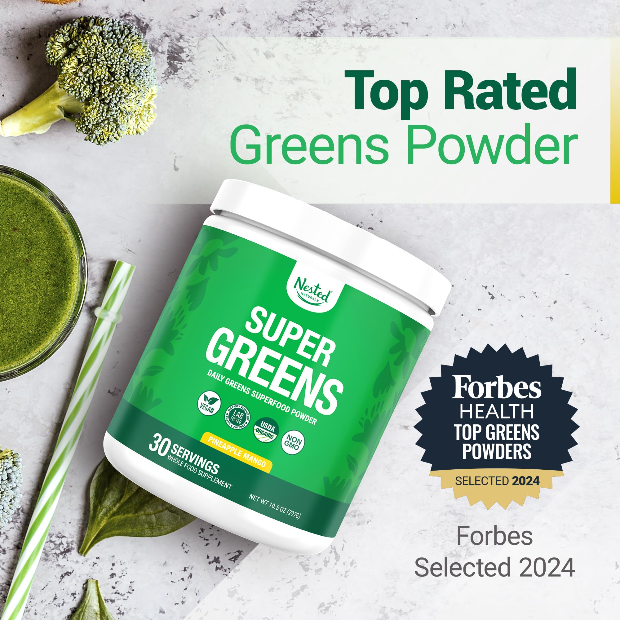 Envase fresco de Nested Naturals Super Greens Piña Mango, ideal para batidos tropicales.