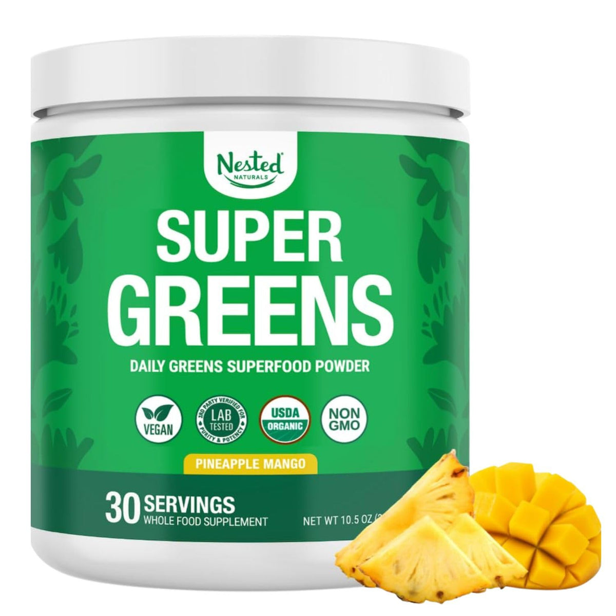 Polvo orgánico de Nested Naturals Super Greens en bote para aporte diario de nutrientes.