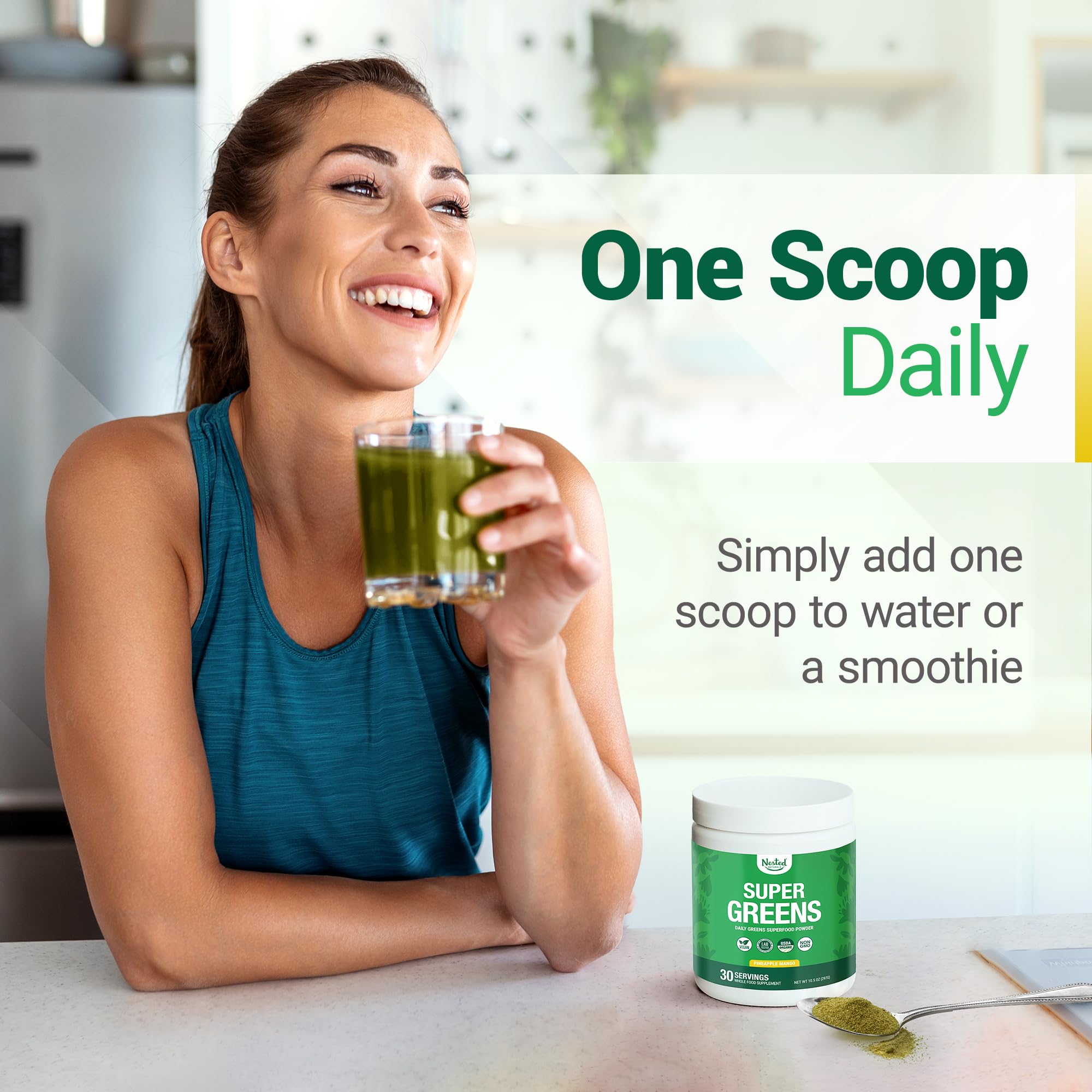 Mezcla con spirulina y chlorella para un aporte vegetal de Nested Naturals.