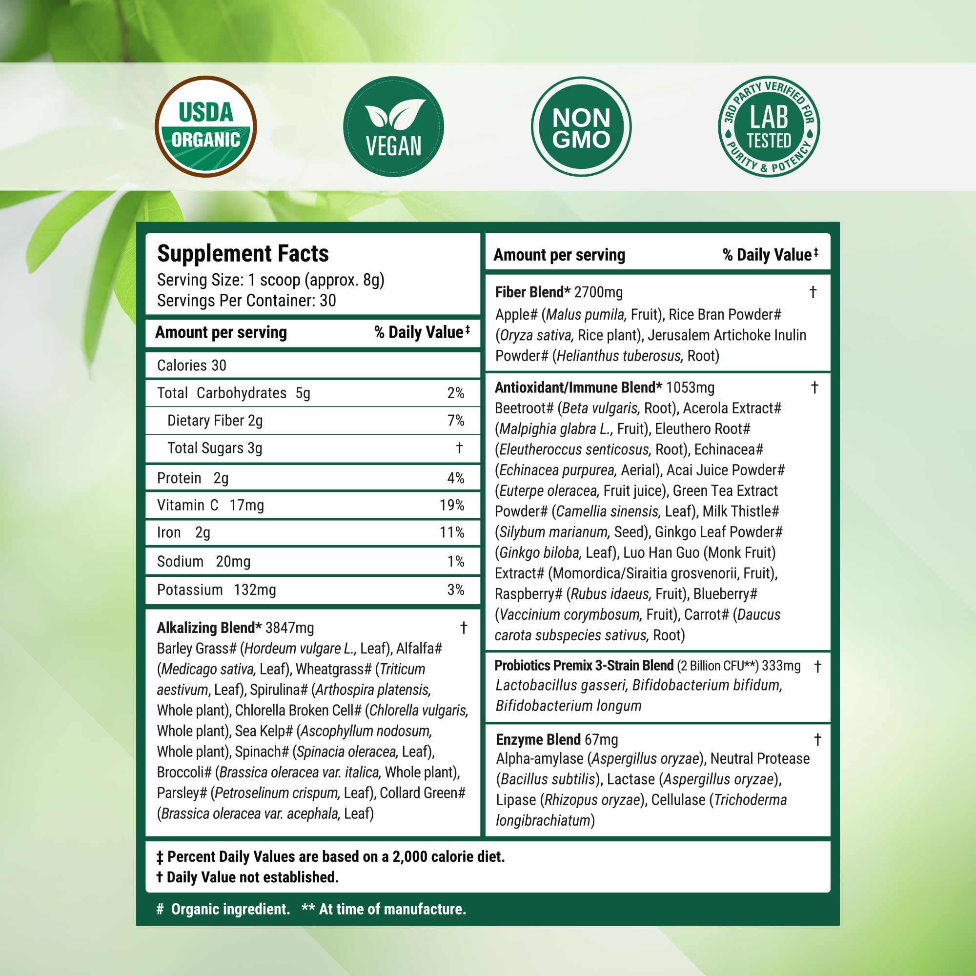 Tabla de ingredientes de Nested Naturals Super Greens con superalimentos naturales.