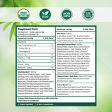 Tabla de ingredientes de Nested Naturals Super Greens con superalimentos naturales.