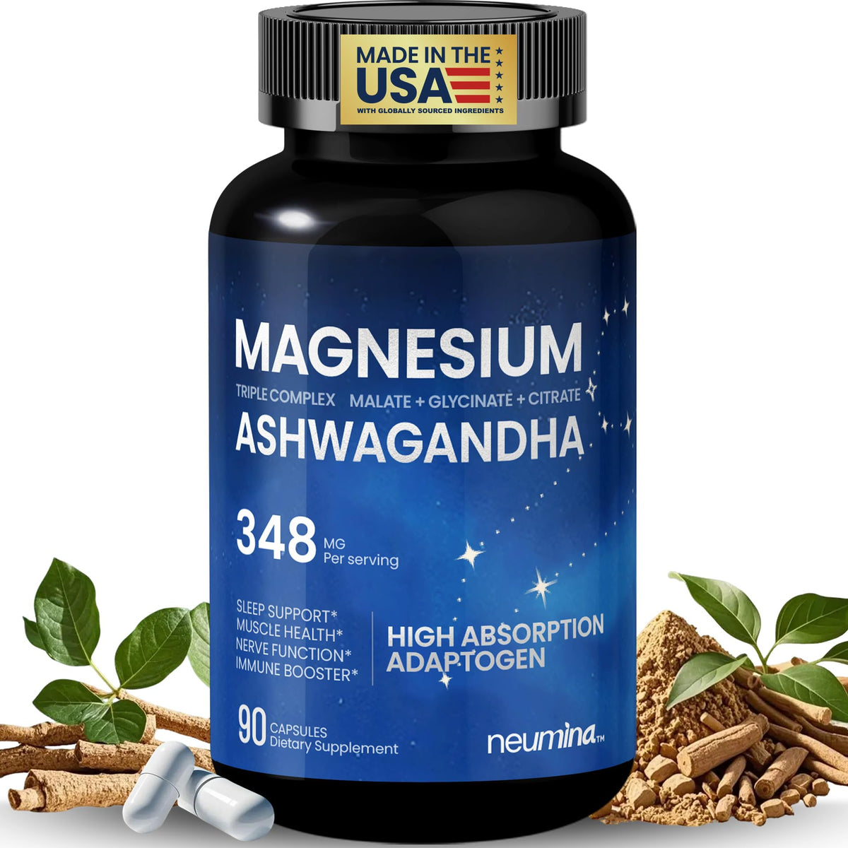 NEUMINA Magnesium Ashwagandha Complex, botella con cápsulas para apoyo al estrés