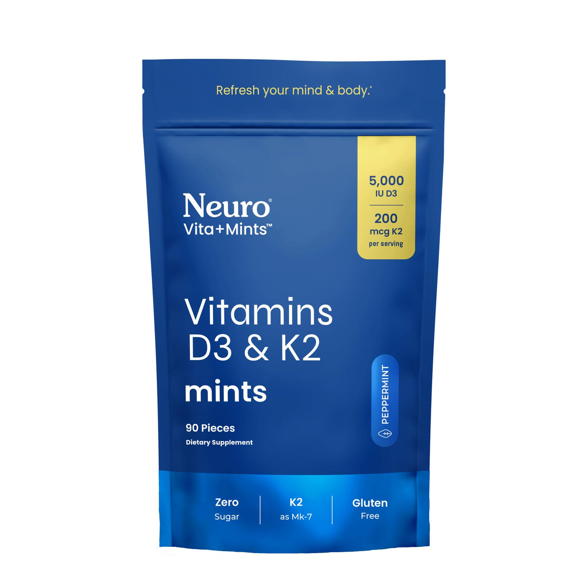 Neuro D3K2 mentas: botella frontal para apoyo diario de ánimo y huesos.