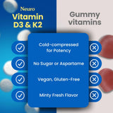 Neuro D3K2 mentas, envase detallado destacando sabor y valor nutricional.