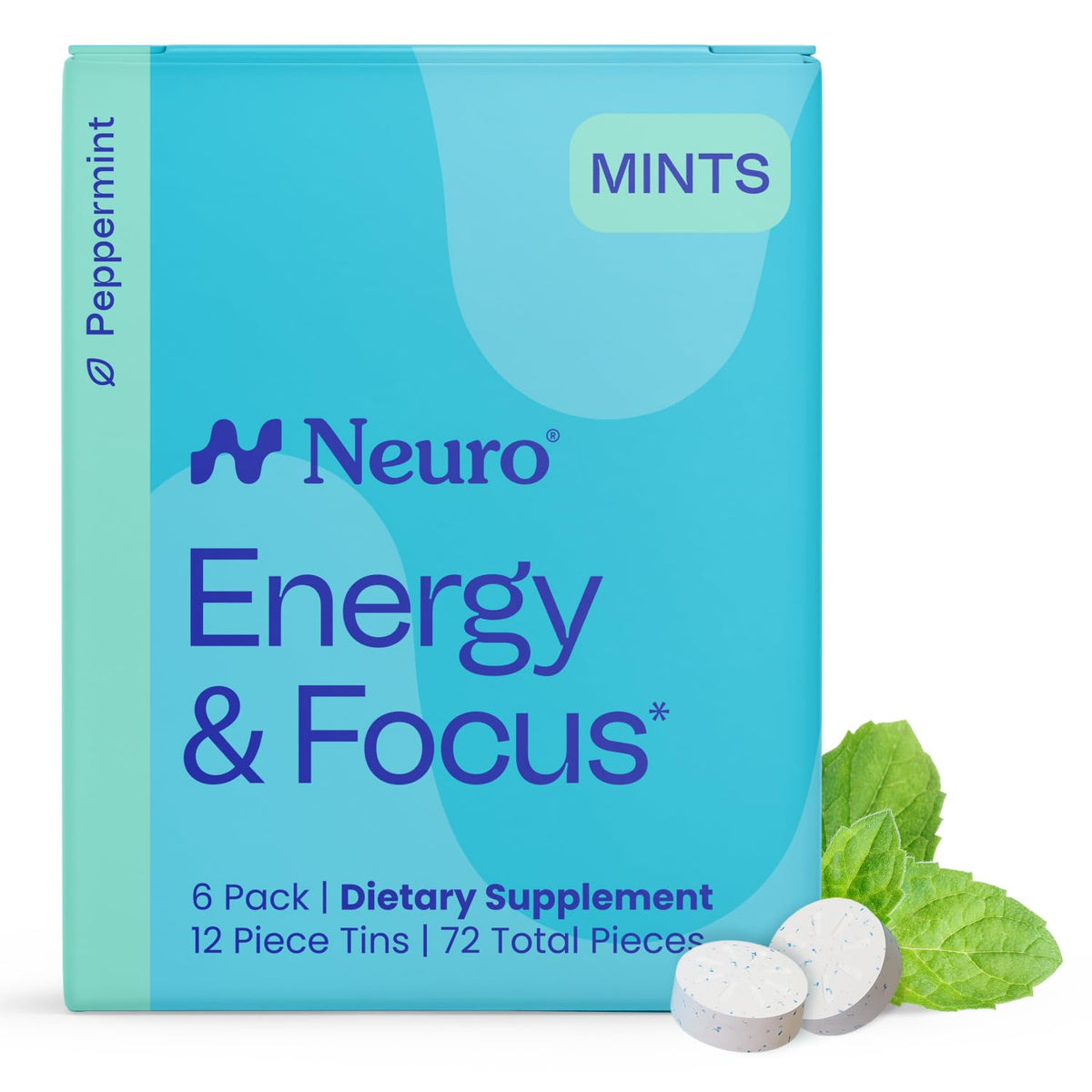 Neuro Energía y Enfoque Mentas en envase 72 piezas para energía sostenida.