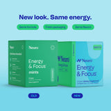Etiqueta frontal de Neuro Energía y Enfoque Mints, formato sin azúcar.