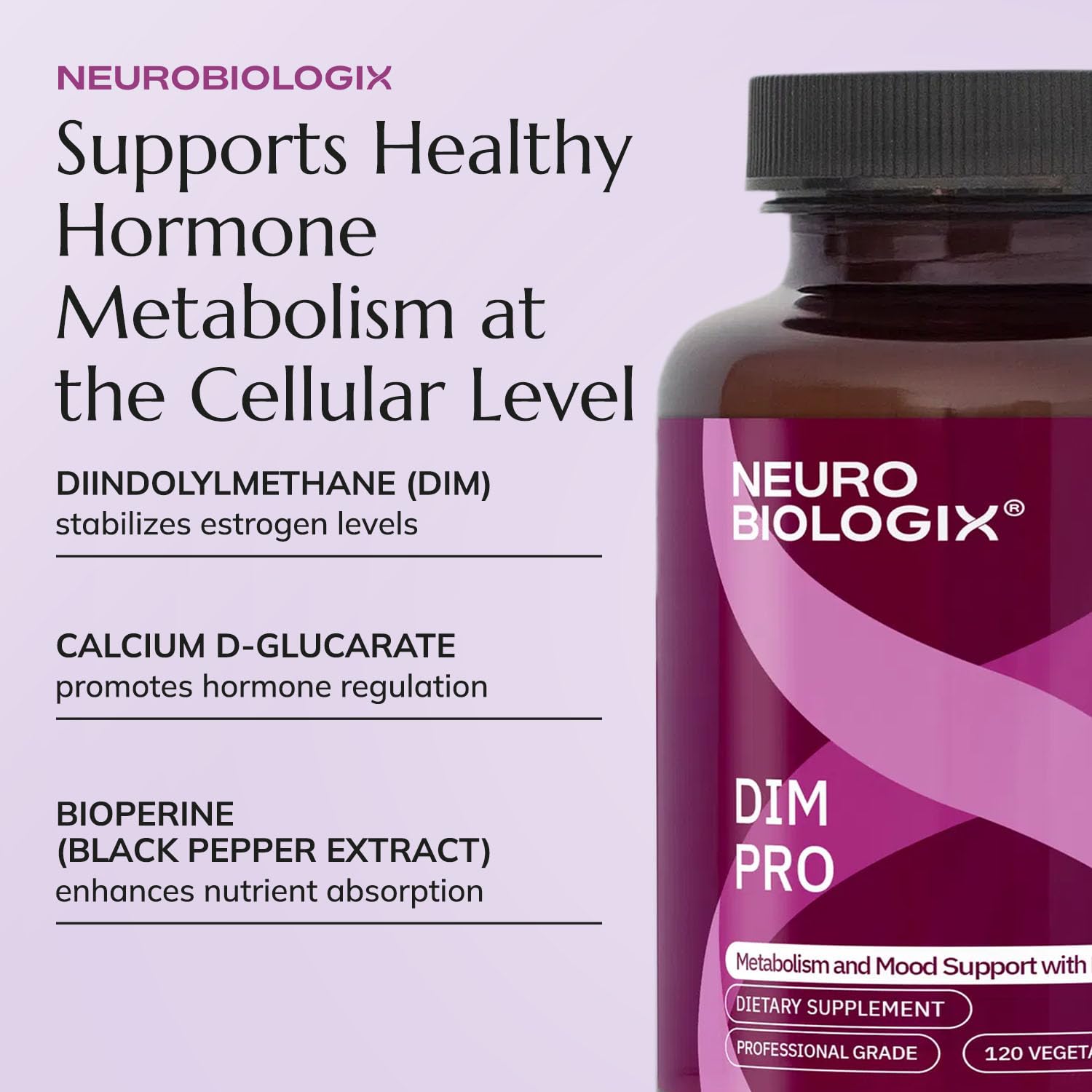 Neurobiologix DIM Pro: botella en estante, fácil de incorporar en la rutina