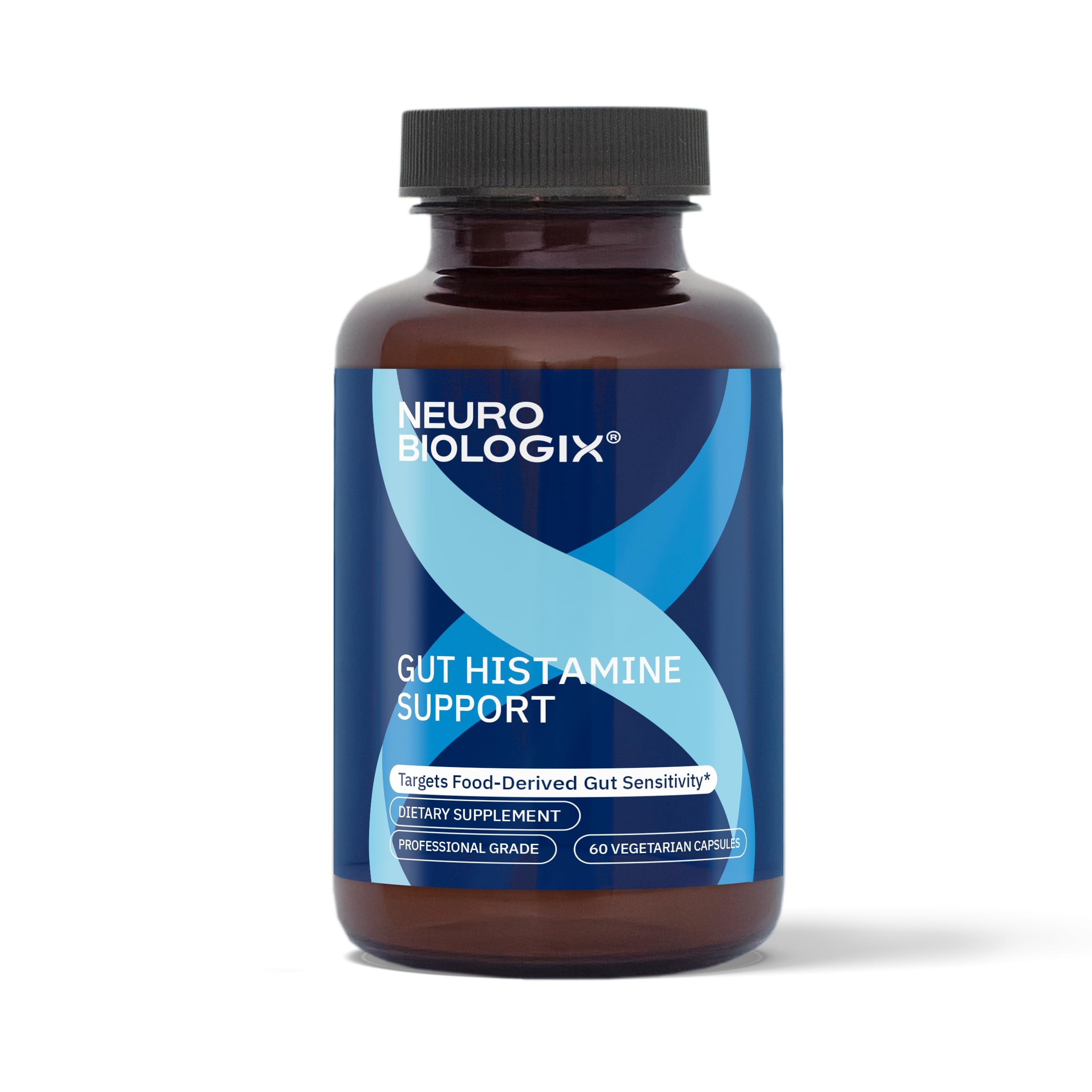 Frasco de Neurobiologix con cápsulas para soporte digestivo y respuesta a histamina alimentaria.