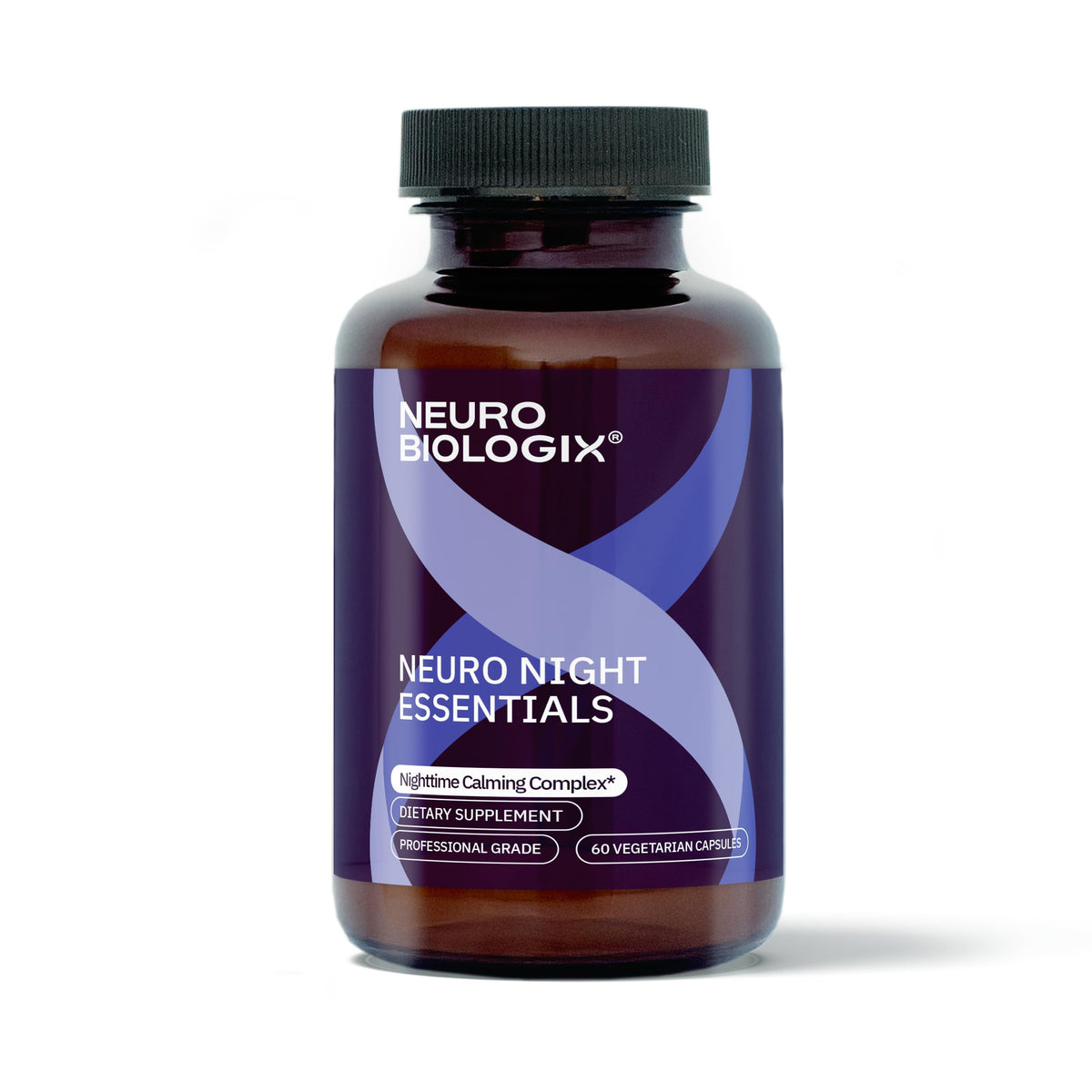 Neurobiologix Neuro Night Essentials, botella-frente, promueve relajación nocturna y equilibrio emocional.
