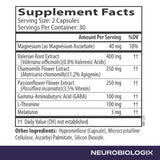 Neurobiologix Neuro Night Essentials, botella-lado, fórmula sin gluten ni organismos modificados.