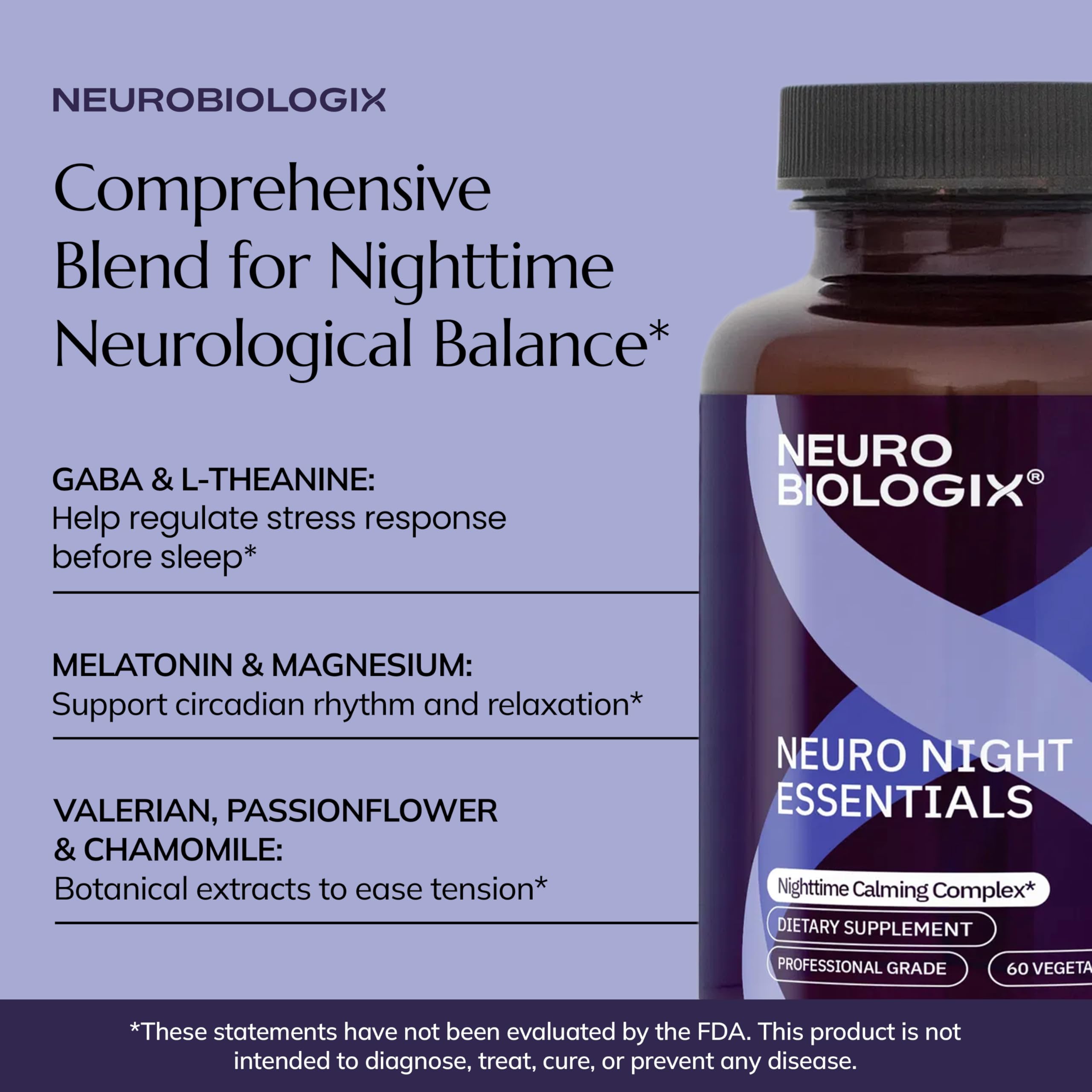 Neurobiologix Neuro Night Essentials, caja-empaque, ideal para rituales de final de día.